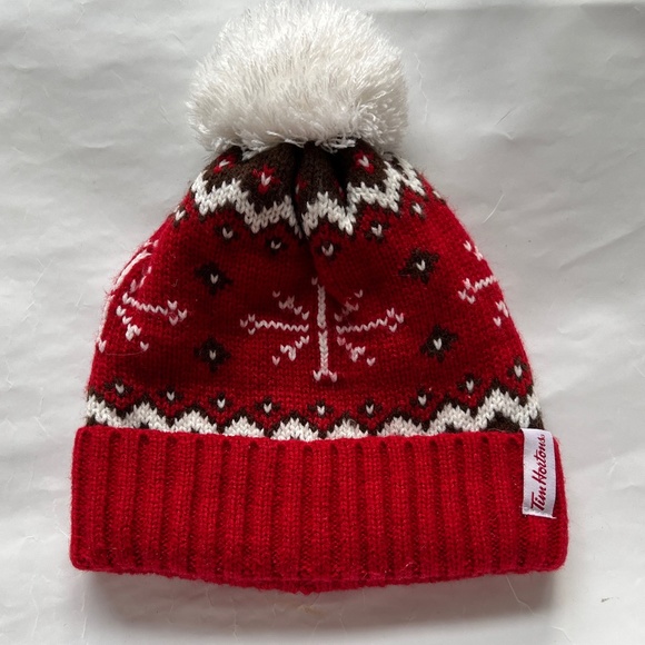 Tim Hortons Toque Pompom Beanie Red Black White Winter Hat One Size Fits All - Picture 1 of 7